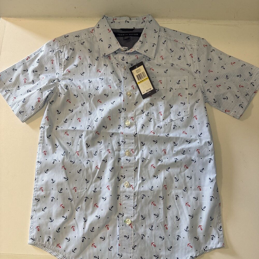 Tommy Hilfiger Boys Shirt MED 12/14 Anchors Blue Stripe Button Down NWT $37